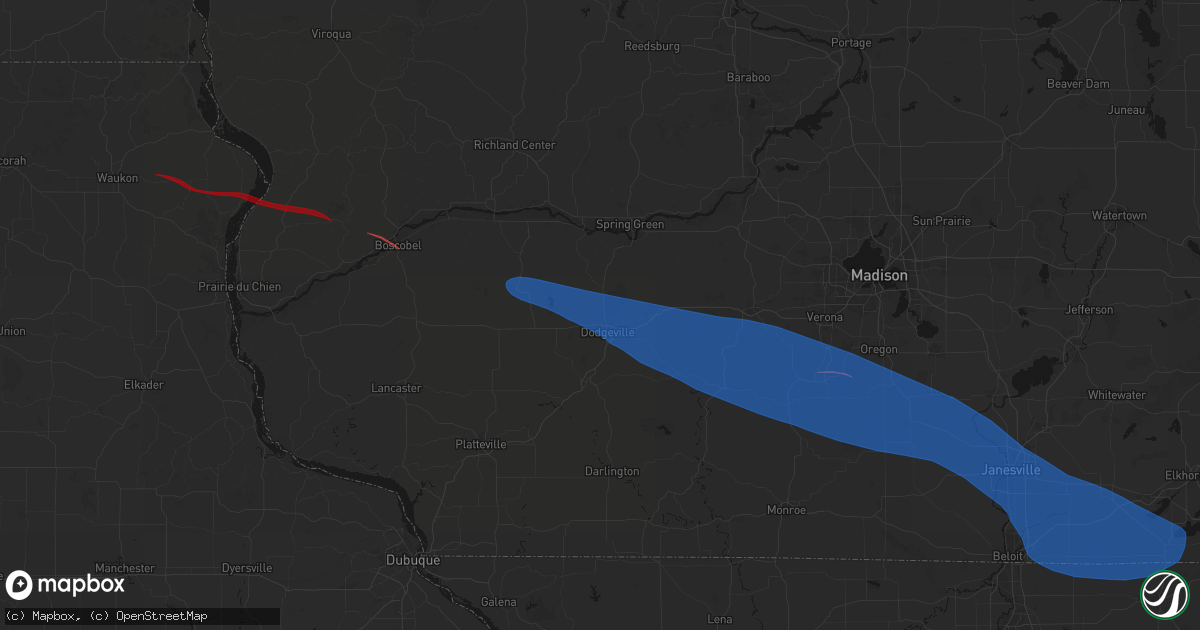 Hail map in Dodgeville, WI on June 17, 2026