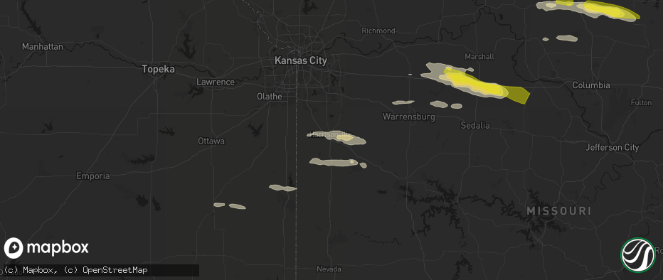 Hail map in Harrisonville, MO on June 17, 2026