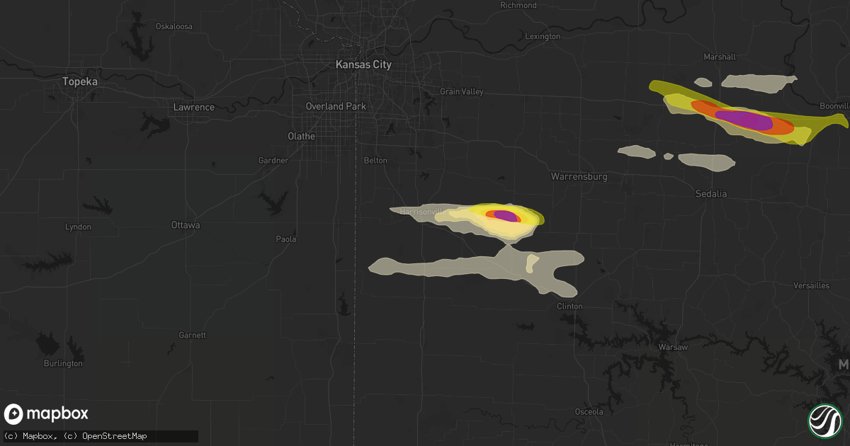 Hail map in Harrisonville, MO on June 17, 2026