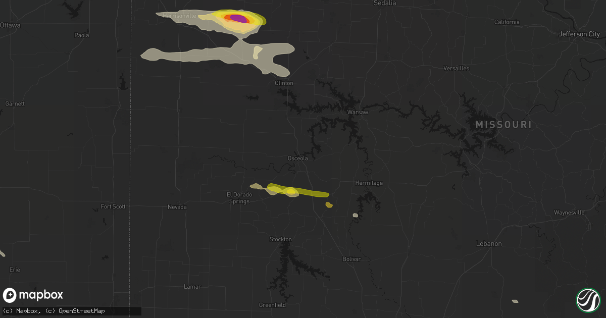 Hail map in Osceola, MO on June 17, 2026