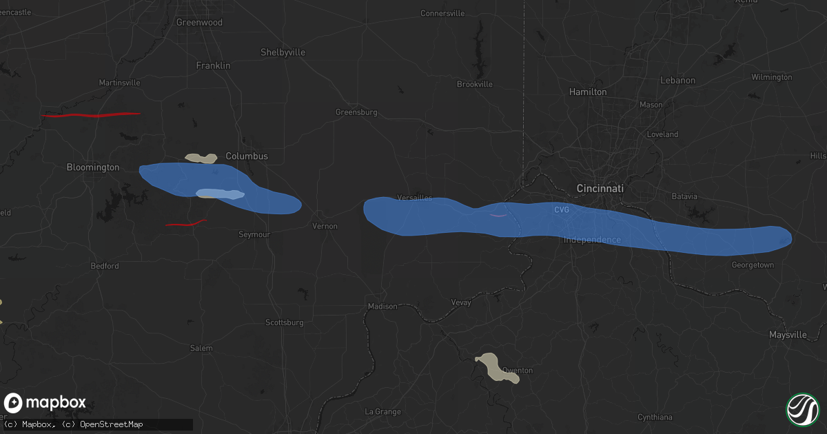 Hail map in Versailles, IN on June 17, 2026