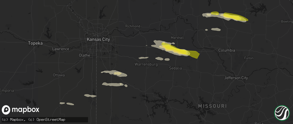 Hail map in Warrensburg, MO on June 17, 2026