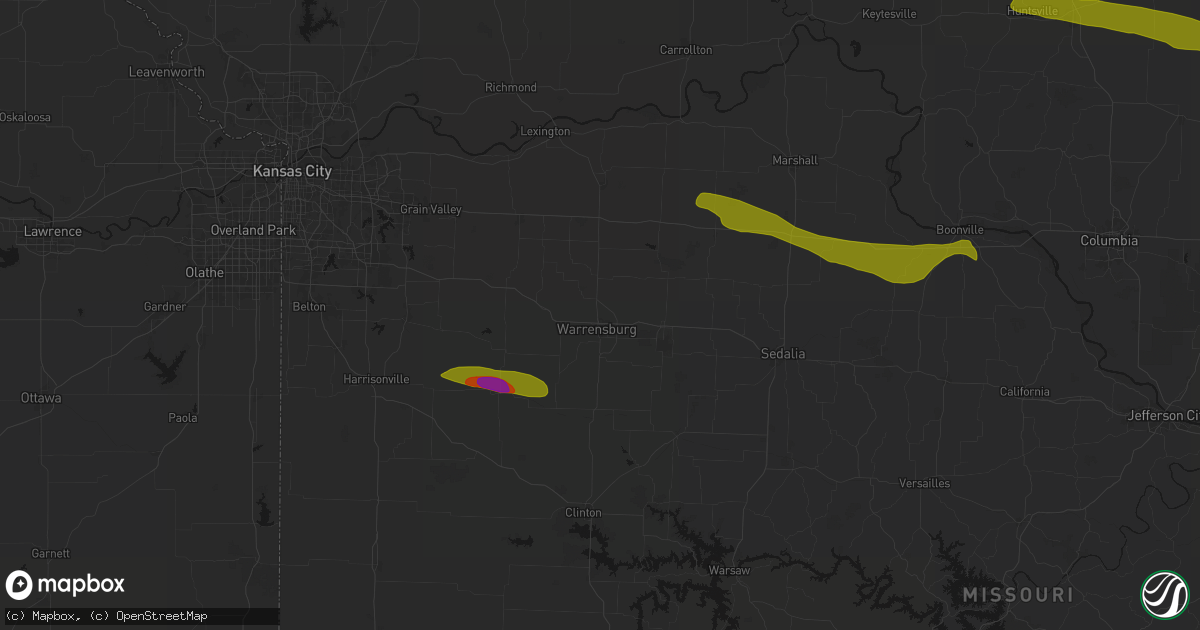 Hail map in Warrensburg, MO on June 17, 2026