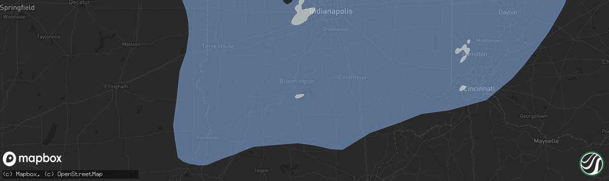 Hail map in Bloomington, IN on June 18, 2025