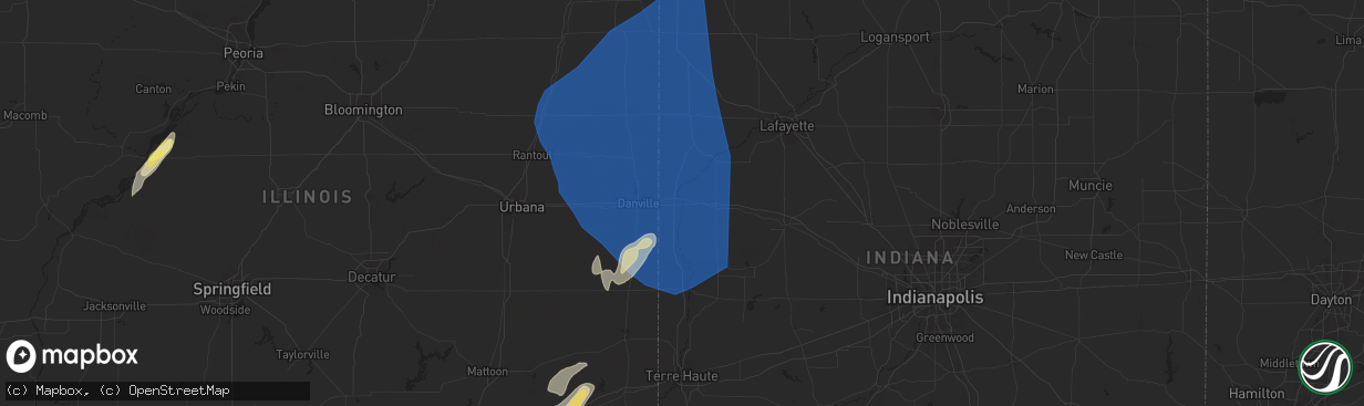 Hail map in Covington, IN on June 18, 2025