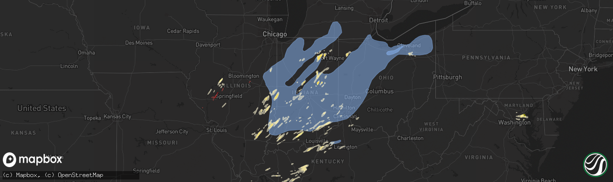 Hail map in Indiana on June 18, 2025