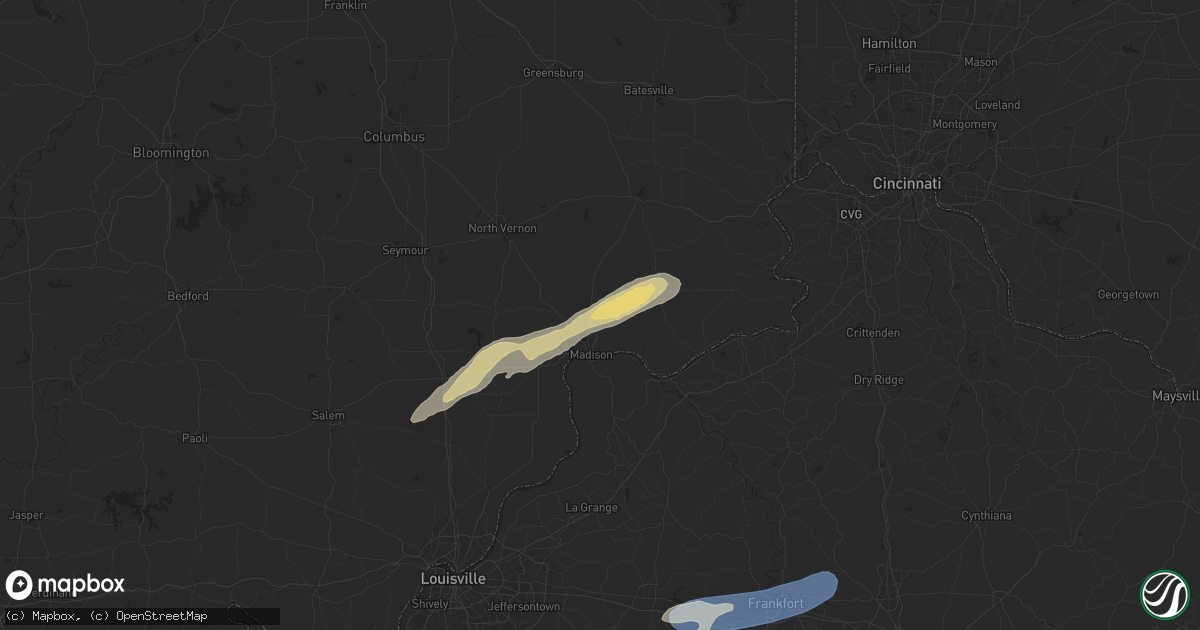 Hail map in Madison, IN on June 18, 2025