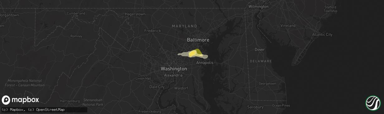Hail map in Odenton, MD on June 18, 2025