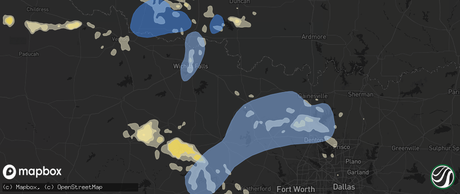 Hail map in Bellevue, TX on June 18, 2026