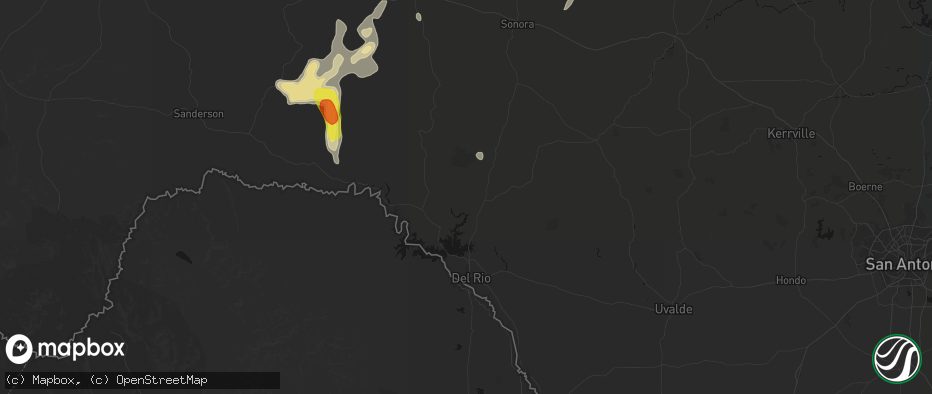 Hail map in Del Rio, TX on June 18, 2026