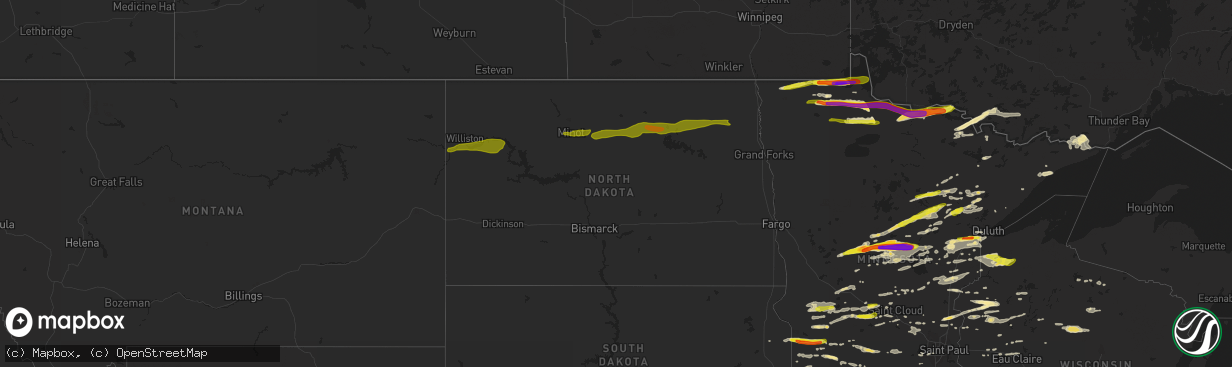 Hail map in North Dakota on June 19, 2016