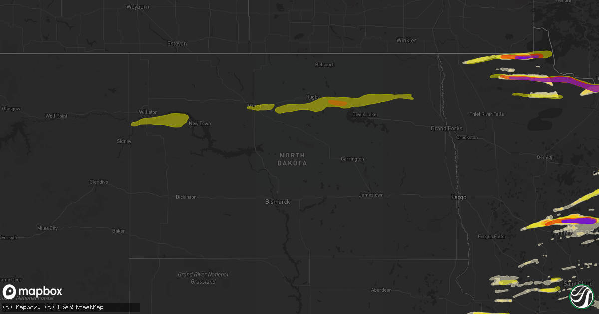 Hail map in North Dakota on June 19, 2016