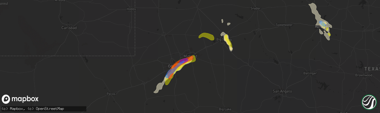 Hail map in Midland, TX on June 19, 2020