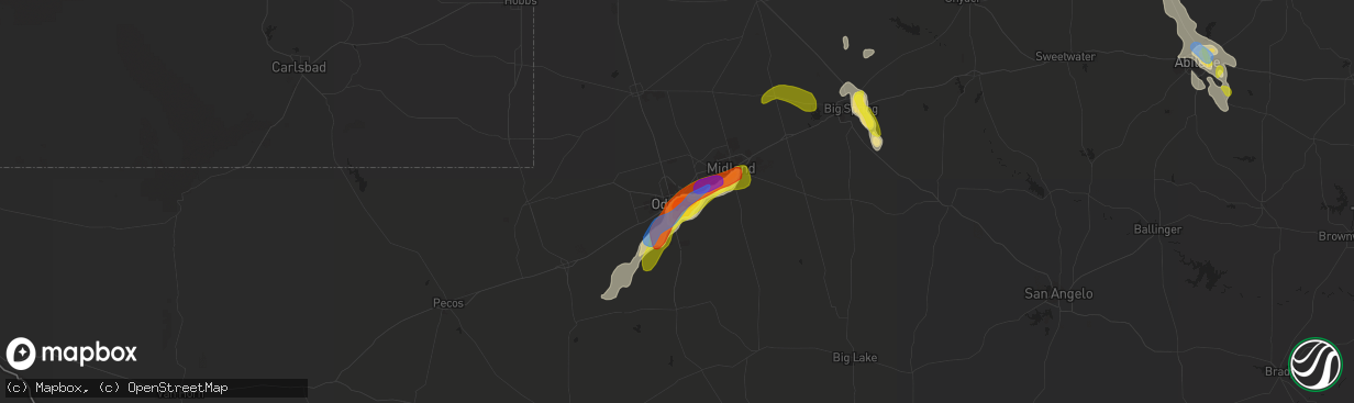 Hail map in Odessa, TX on June 19, 2020