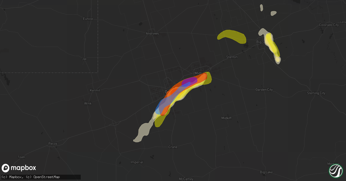 Hail map in Odessa, TX on June 19, 2020