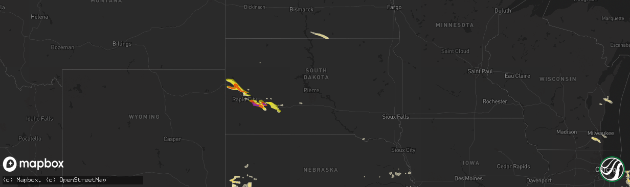 Hail map in South Dakota on June 19, 2021