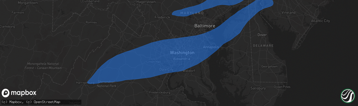 Hail map in Arlington, VA on June 19, 2025