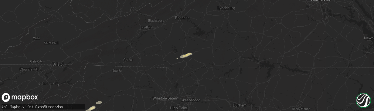 Hail map in Martinsville, VA on June 19, 2025