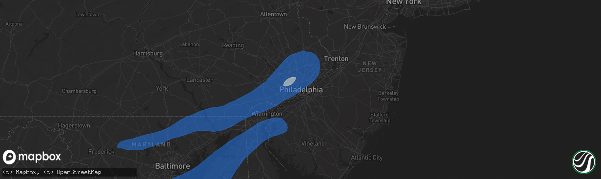 Hail map in Philadelphia, PA on June 19, 2025