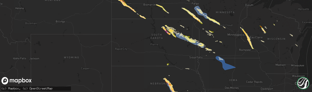 Hail map in South Dakota on June 19, 2025