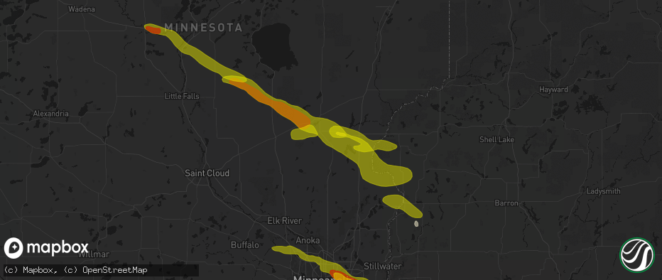 Hail map in Braham, MN on June 19, 2026