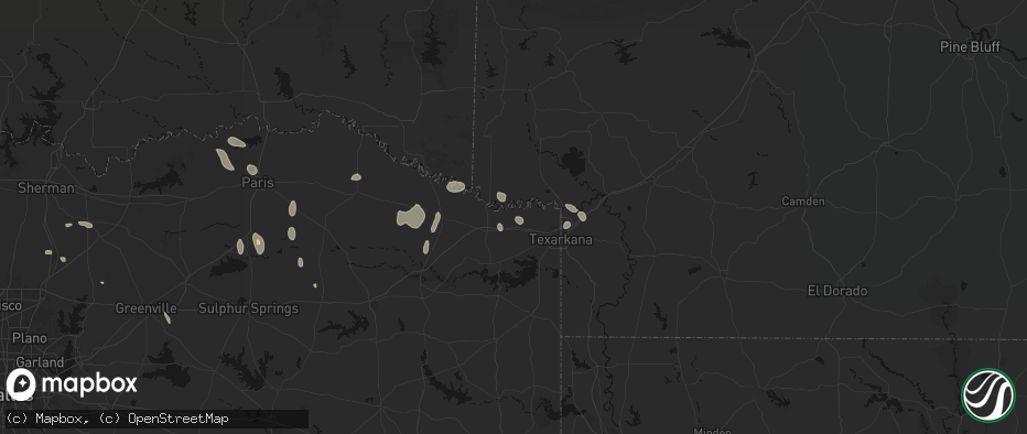 Hail map in Hooks, TX on June 19, 2026