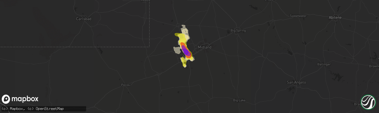 Hail map in Odessa, TX on June 20, 2020