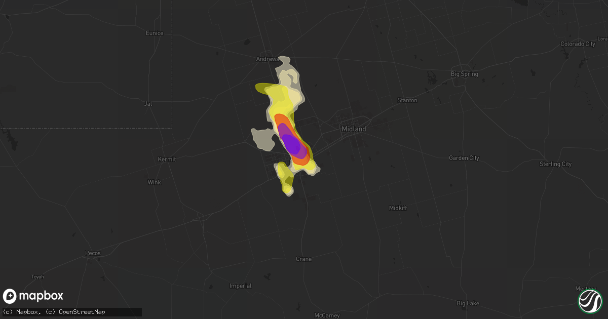 Hail map in Odessa, TX on June 20, 2020