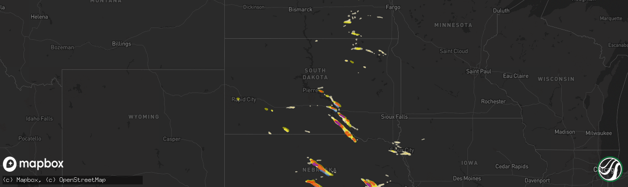 Hail map in South Dakota on June 20, 2020