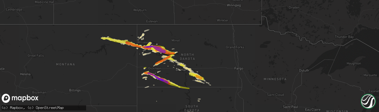 Hail map in North Dakota on June 21, 2016