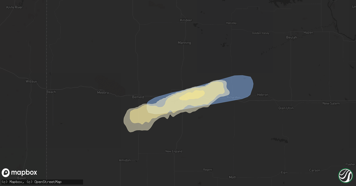 Hail map in Dickinson, ND on June 21, 2023