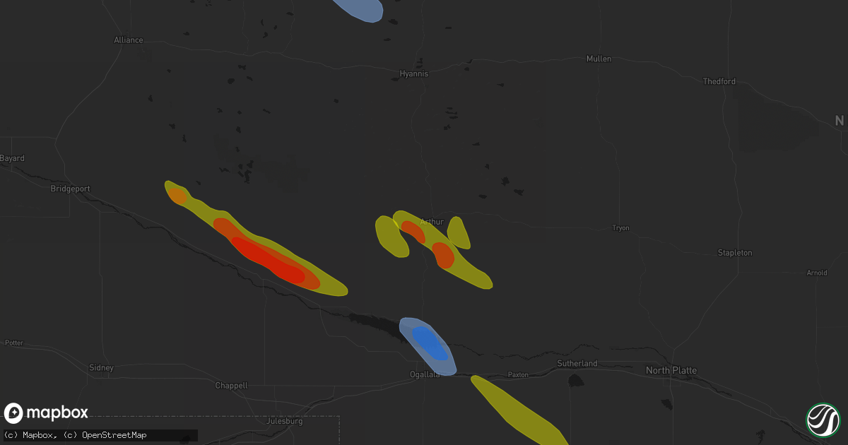 Hail map in Arthur, NE on June 21, 2026