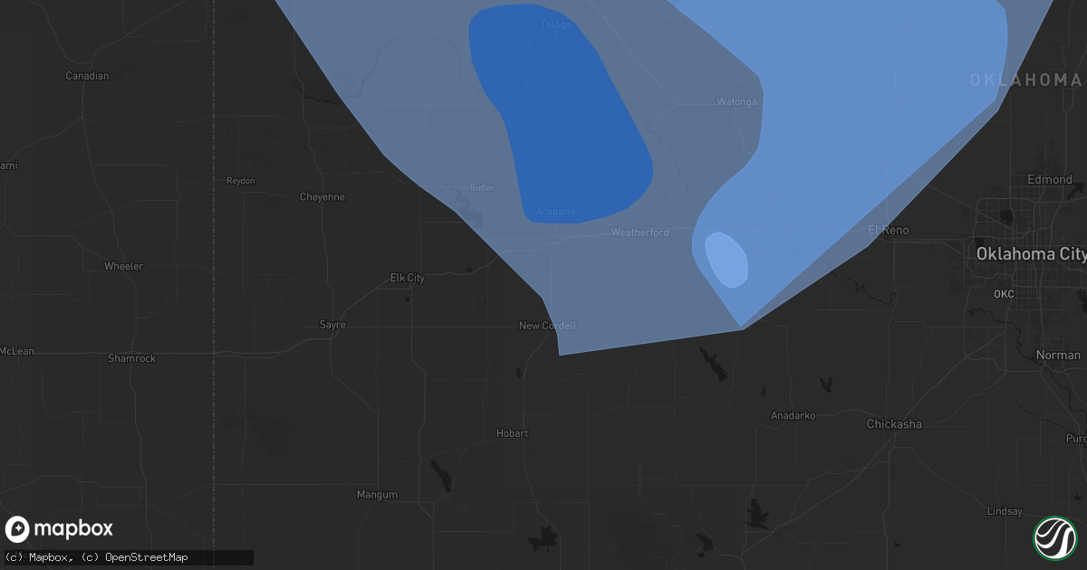 Hail map in Bessie, OK on June 21, 2026