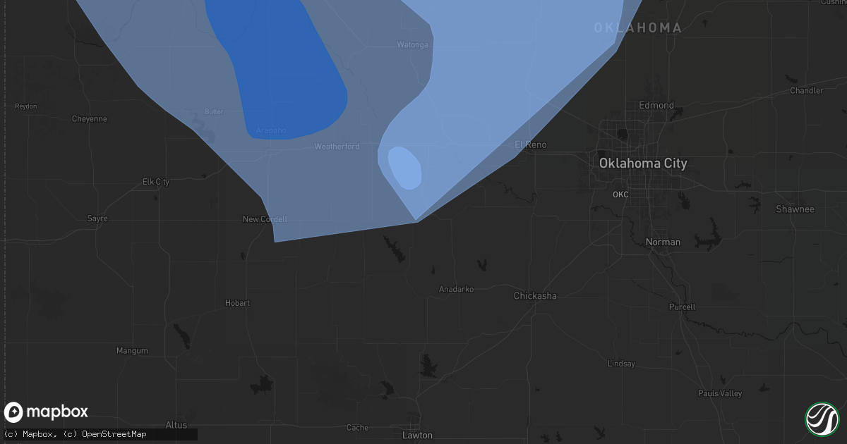 Hail map in Binger, OK on June 21, 2026
