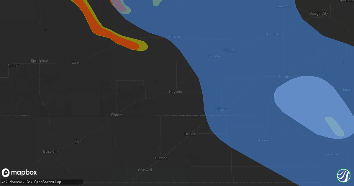 Hail map in Hugoton, KS on June 21, 2026