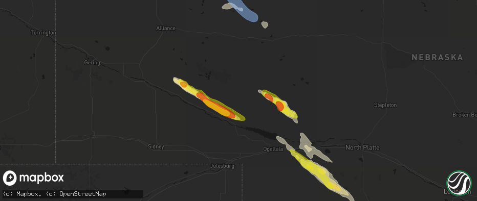 Hail map in Lewellen, NE on June 21, 2026