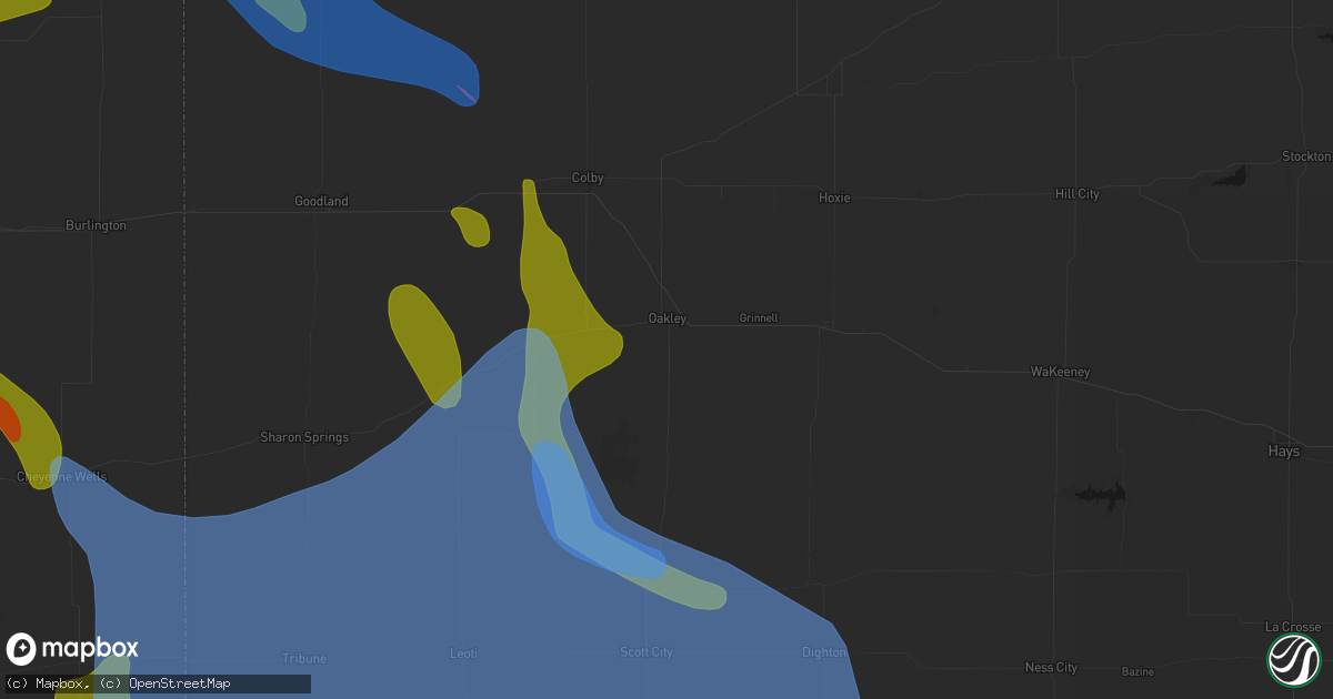 Hail map in Oakley, KS on June 21, 2026