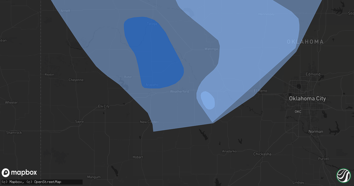 Hail map in Weatherford, OK on June 21, 2026