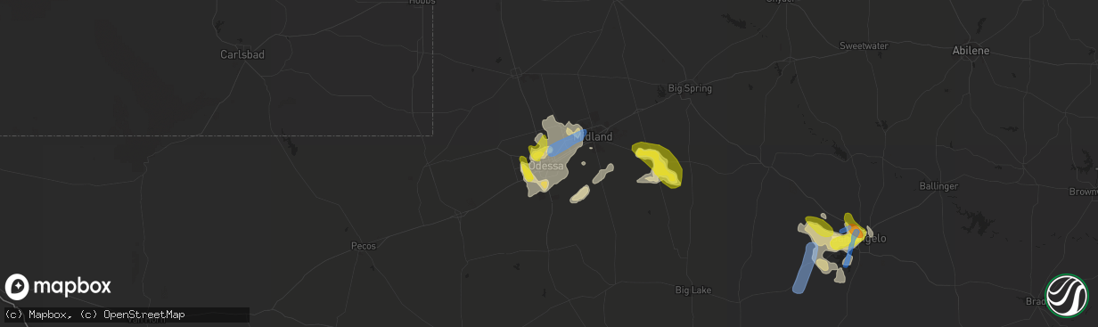 Hail map in Odessa, TX on June 22, 2020
