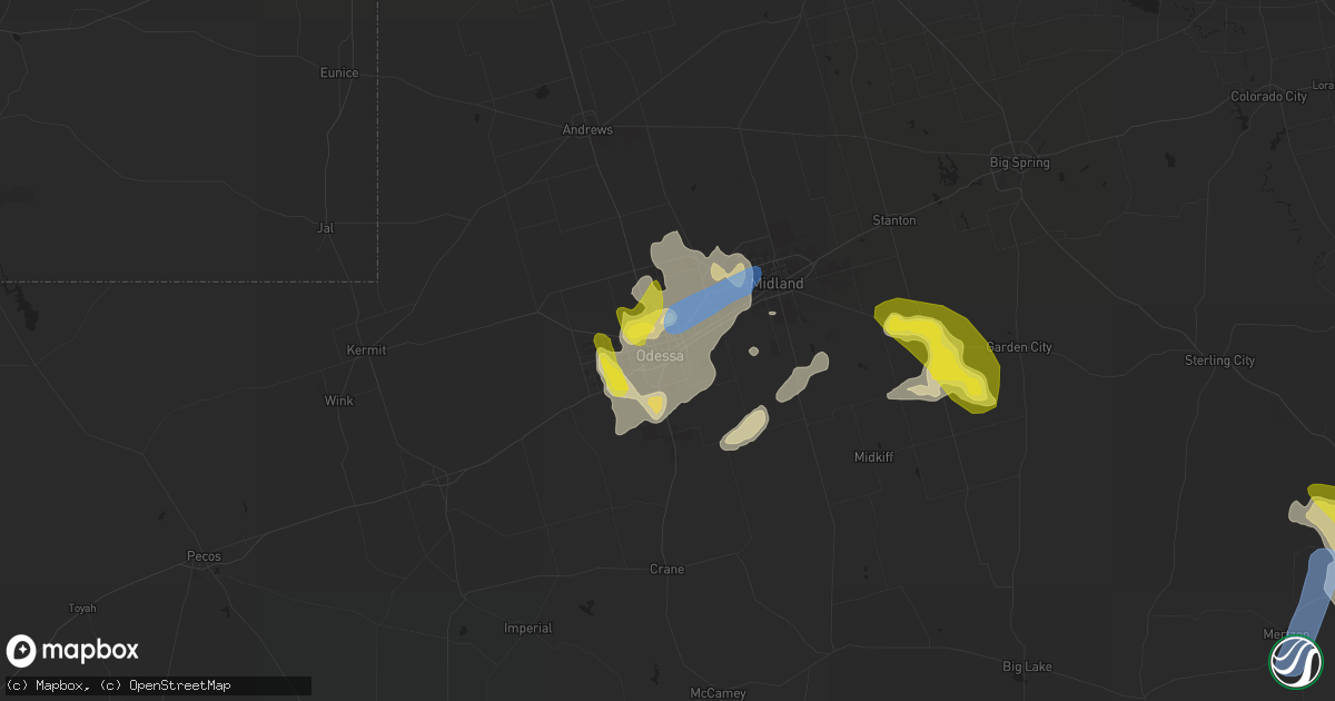 Hail map in Odessa, TX on June 22, 2020
