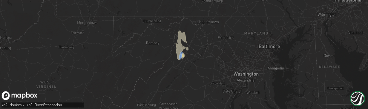 Hail map in Winchester, VA on June 22, 2022