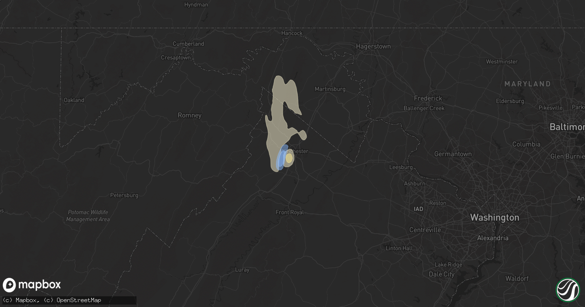 Hail map in Winchester, VA on June 22, 2022