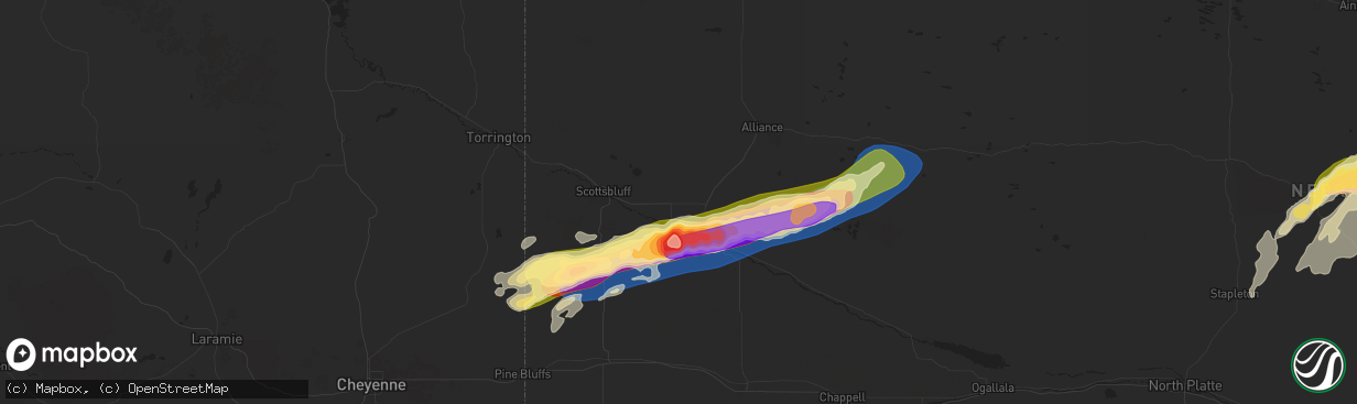 Hail map in Bayard, NE on June 22, 2025