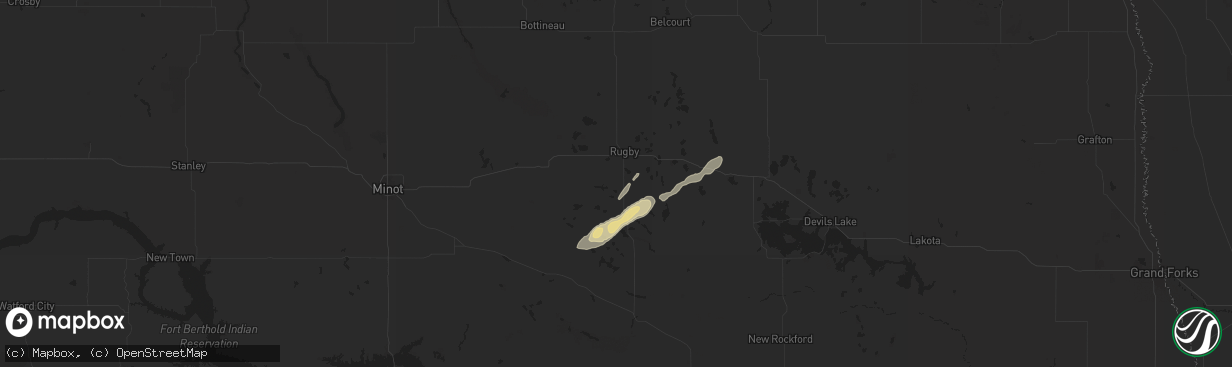 Hail map in Rugby, ND on June 22, 2025