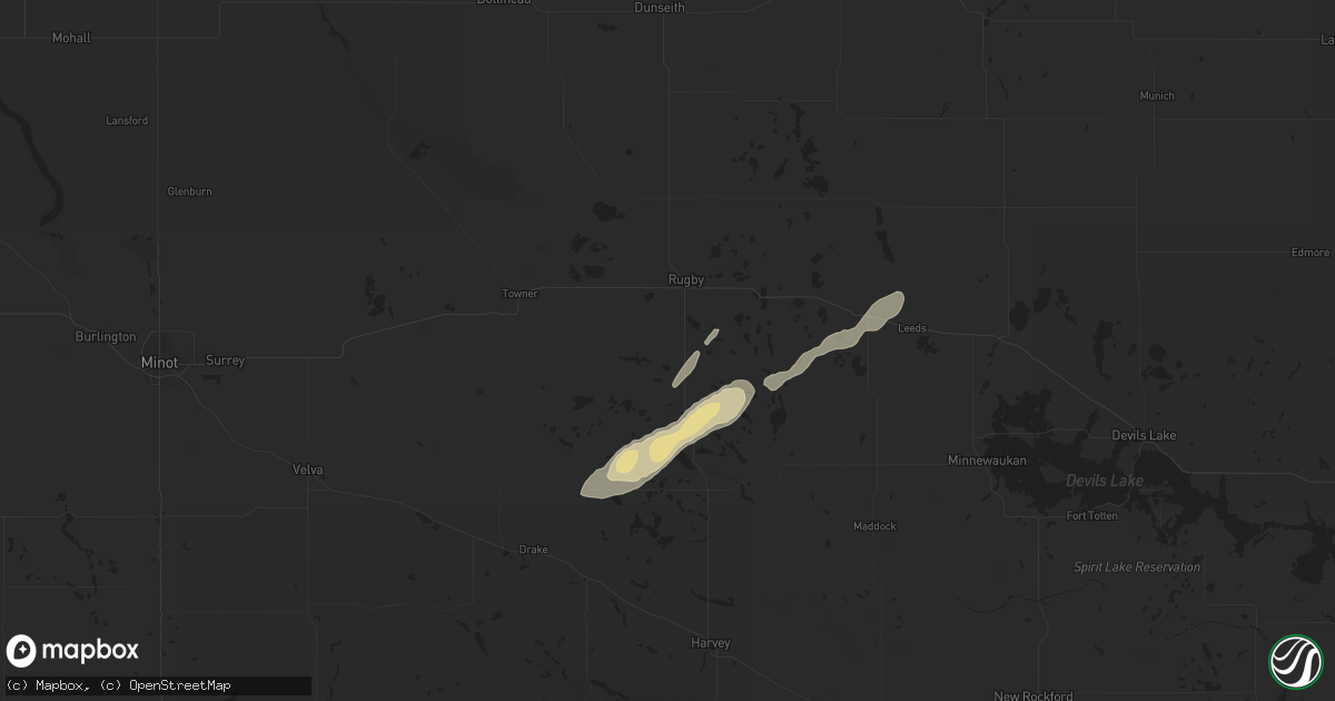 Hail map in Rugby, ND on June 22, 2025