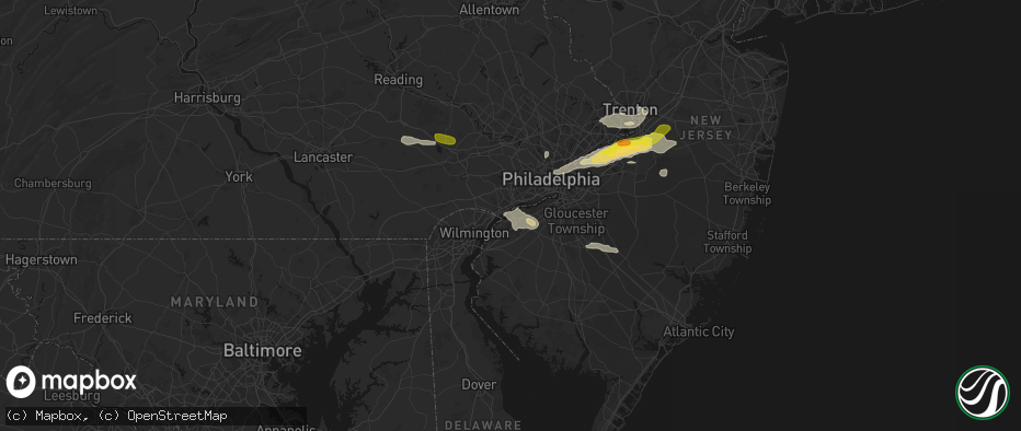Hail map in Bridgeport, NJ on June 22, 2026
