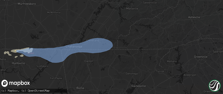 Hail map in Copperhill, TN on June 22, 2026