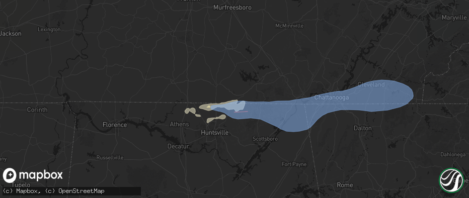 Hail map in Elora, TN on June 22, 2026