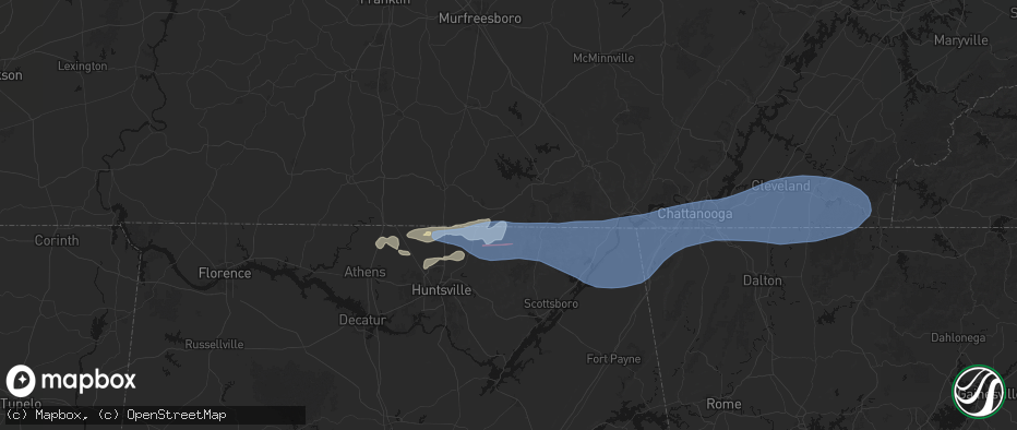 Hail map in Huntland, TN on June 22, 2026