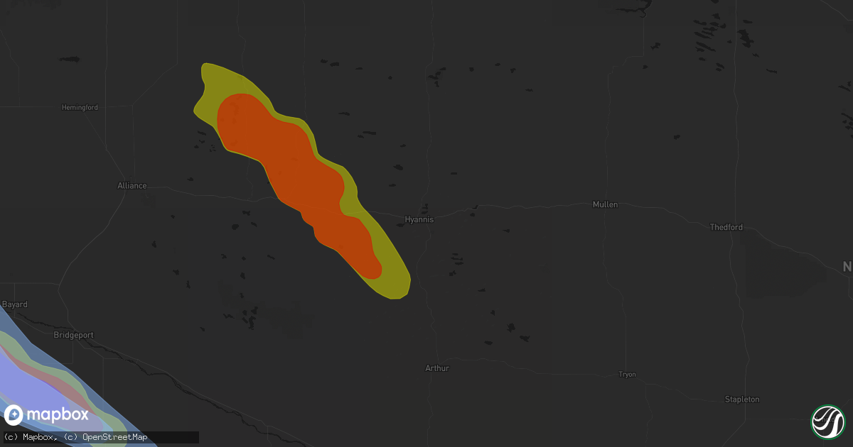 Hail map in Hyannis, NE on June 22, 2026